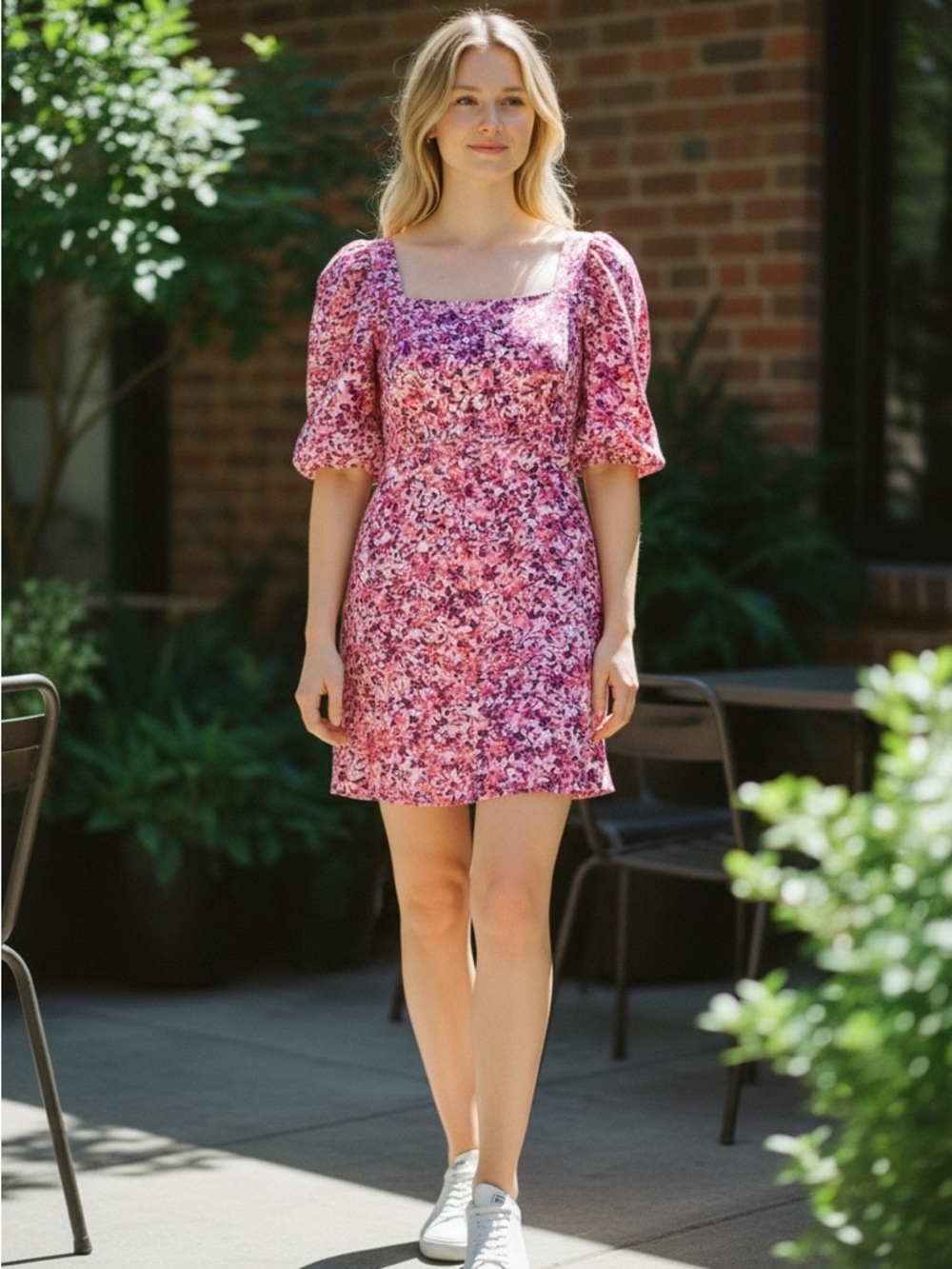 Floral Square-Neck Mini Dress in Pink